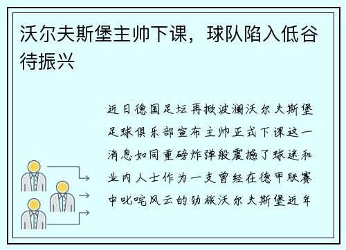 沃尔夫斯堡主帅下课，球队陷入低谷待振兴