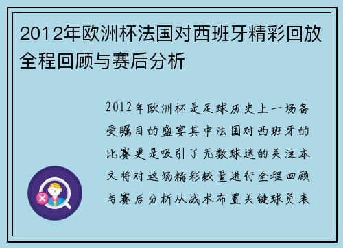 2012年欧洲杯法国对西班牙精彩回放全程回顾与赛后分析