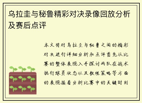 乌拉圭与秘鲁精彩对决录像回放分析及赛后点评
