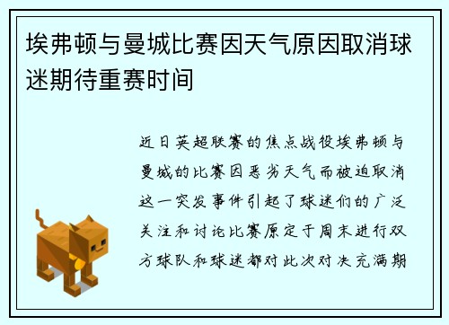 埃弗顿与曼城比赛因天气原因取消球迷期待重赛时间