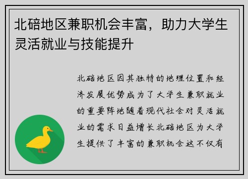 北碚地区兼职机会丰富，助力大学生灵活就业与技能提升