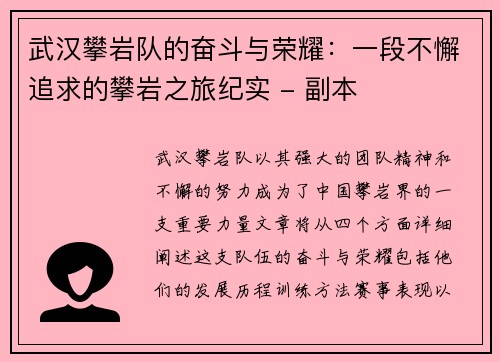 武汉攀岩队的奋斗与荣耀：一段不懈追求的攀岩之旅纪实 - 副本