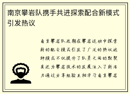 南京攀岩队携手共进探索配合新模式引发热议