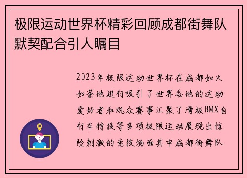 极限运动世界杯精彩回顾成都街舞队默契配合引人瞩目